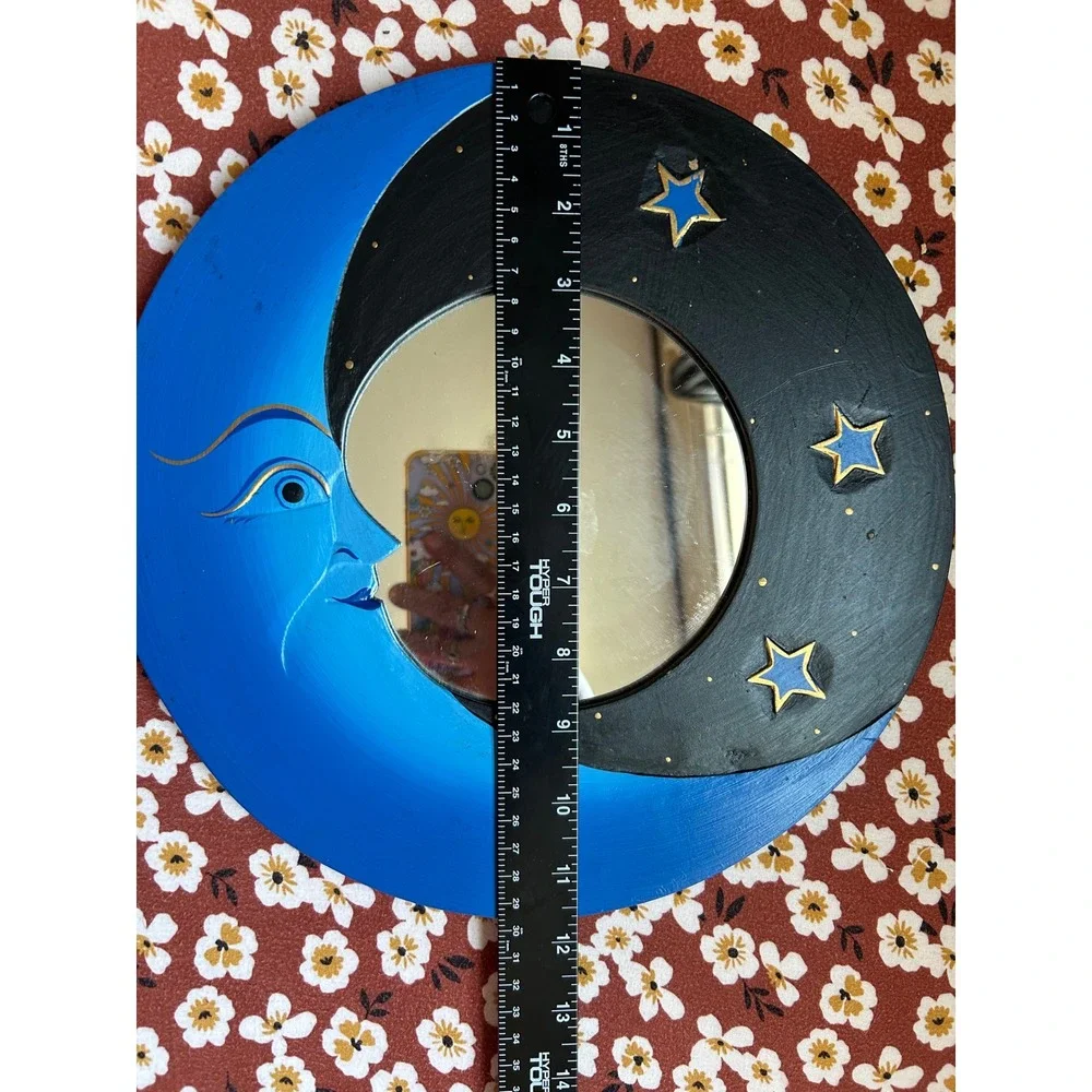 Celestial Crescent Moon Star Wooden Wall Mirror Blue Black Hand Painted 12 Inch